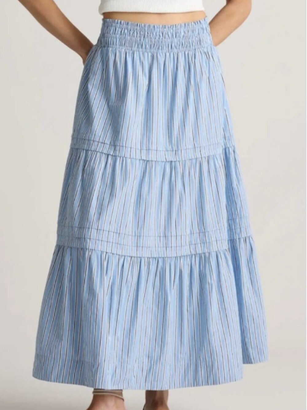 Quince Organic Cotton Poplin Tiered Maxi Skirt Tribeca Stripe Blue S